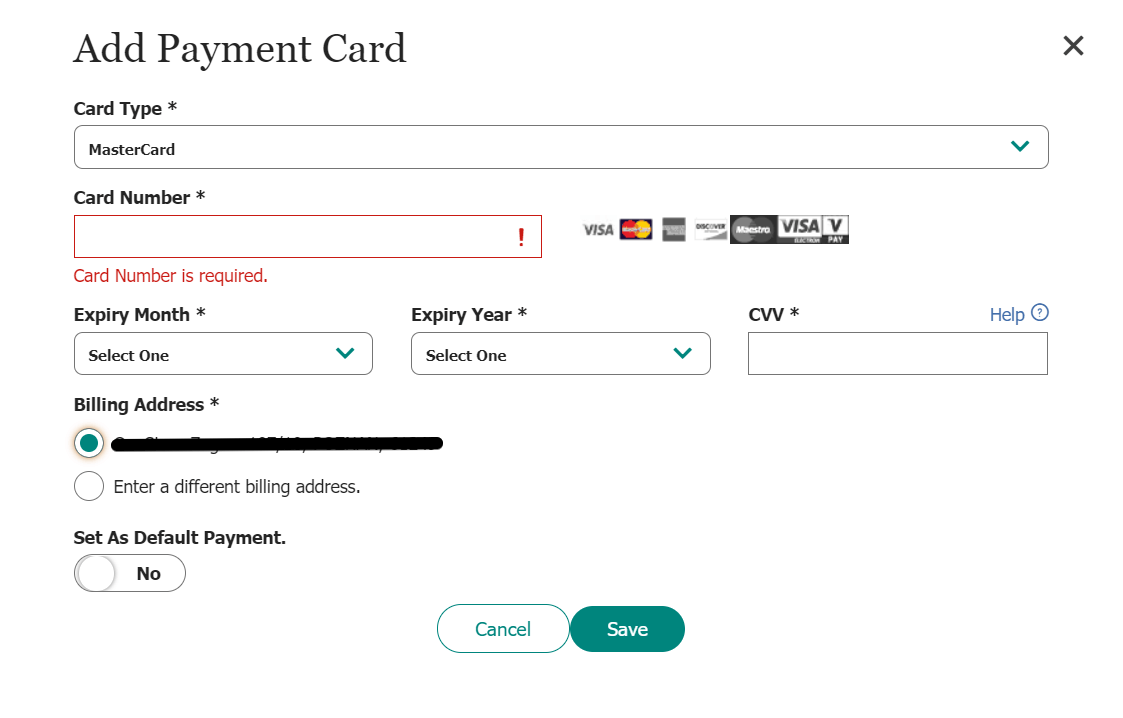 Add payment card in UPS account regitration