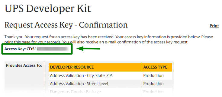 getting UPS access key - confirmation