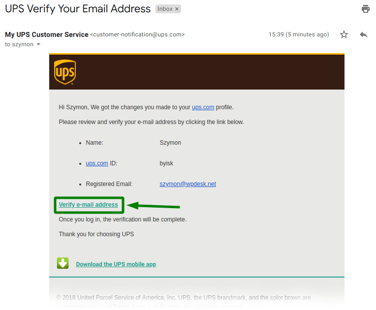 UPS profile registration - e-mail verification