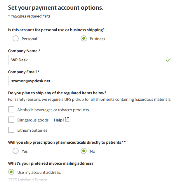 getting UPS access key - setting payment options