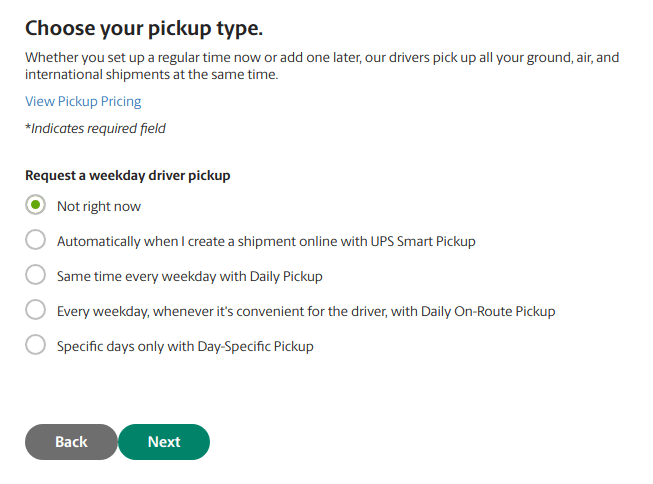 getting UPS access key - choosing pickup type