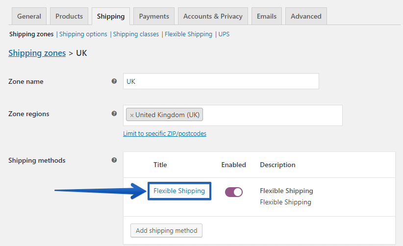 WooCommerce Shipping Configuration: Flexible Shipping method on the shipping method's list