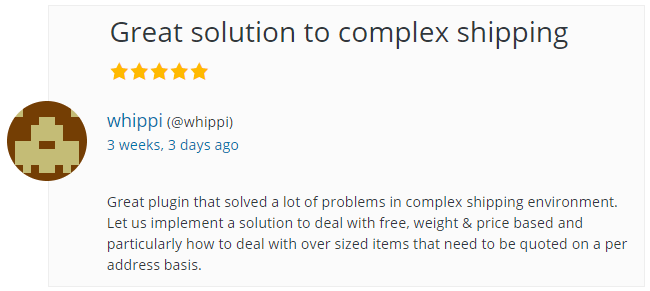 Flexible Shipping Review: Great plugin that solved a lot of problems in complex shipping environment. Let us implement a solution to deal with free, weight & price based and particularly how to deal with over sized items that need to be quoted on a per address basis.