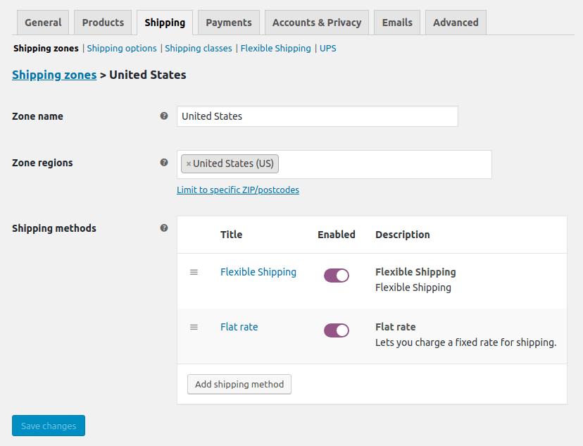 WooCommerce Shipping Zones - configuration screen