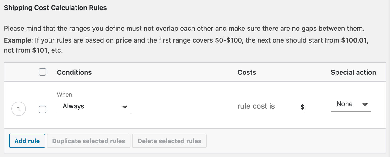 Flexible Shipping Cost Calculation Rules section