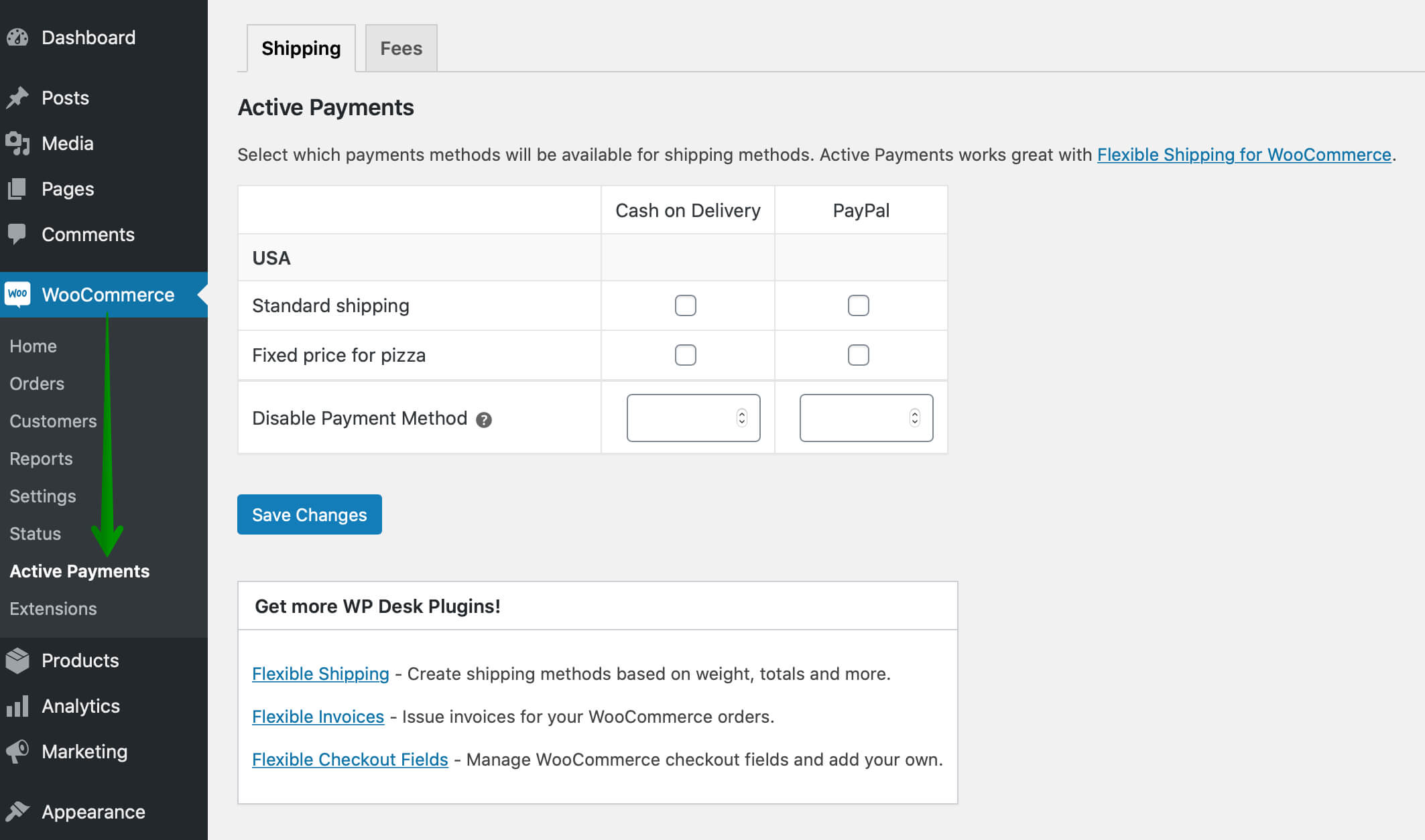 WooCommerce Active Payments settings