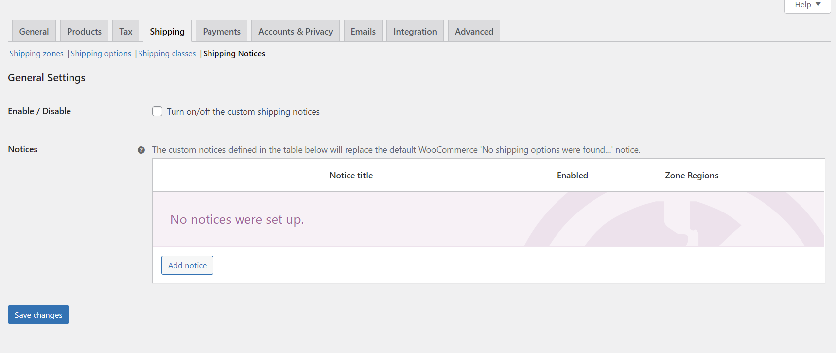 WooCommerce shipping notices settings