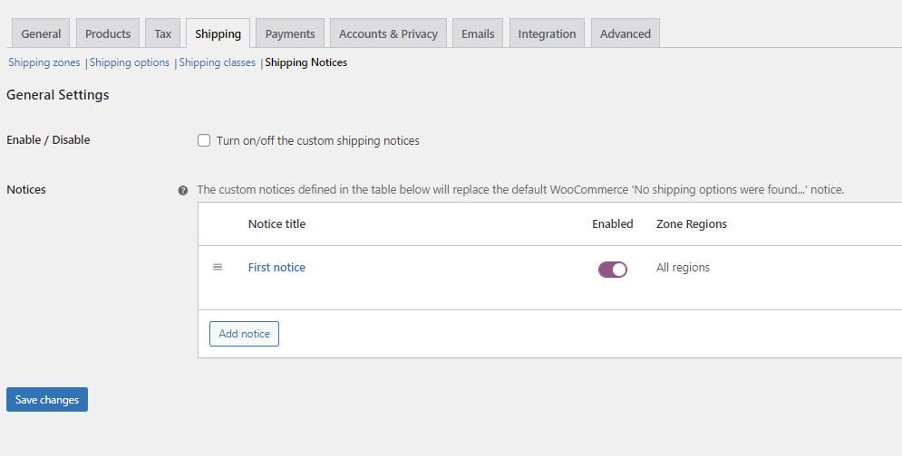 WooCommerce shipping notices