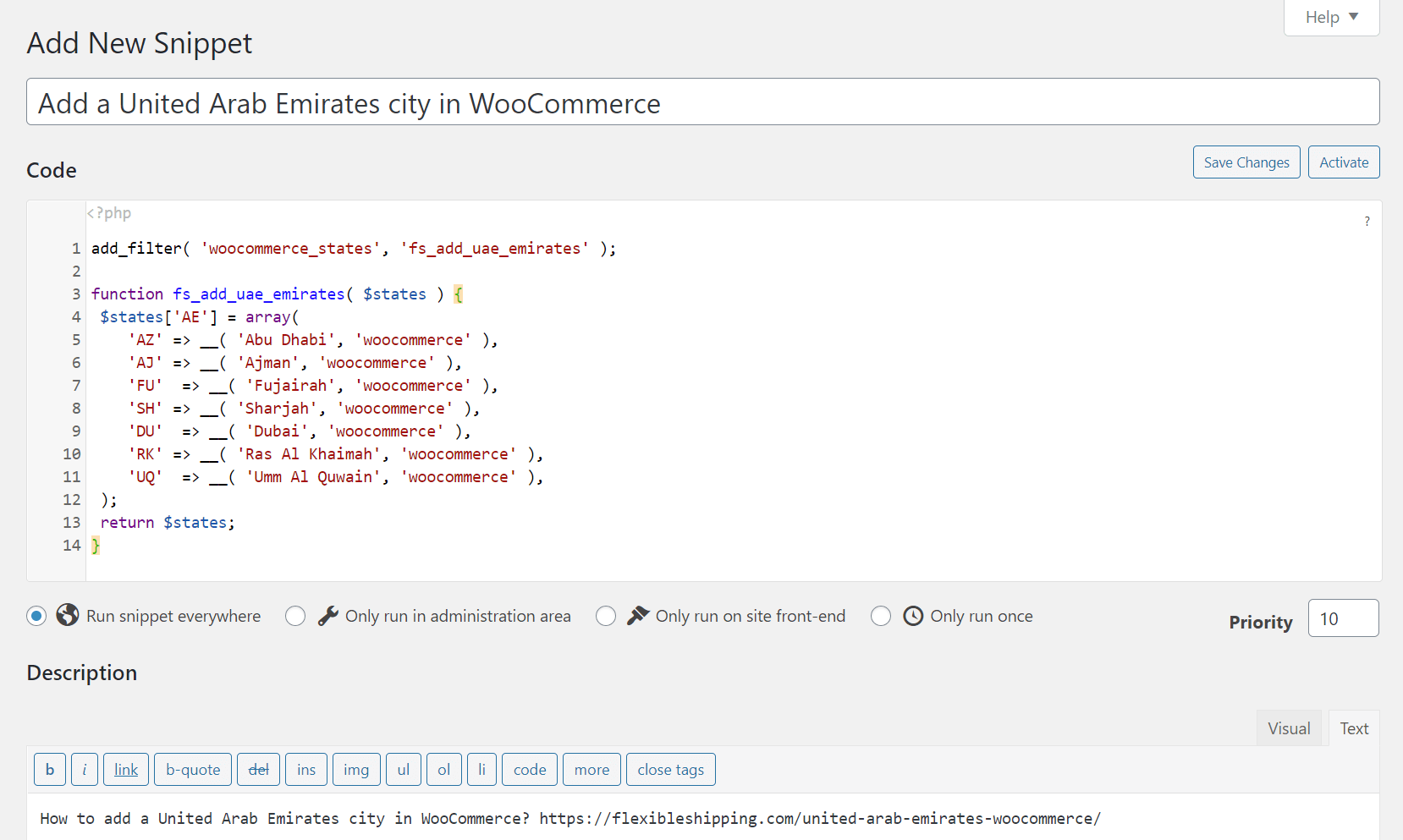 new custom code in Code Snippets plugin