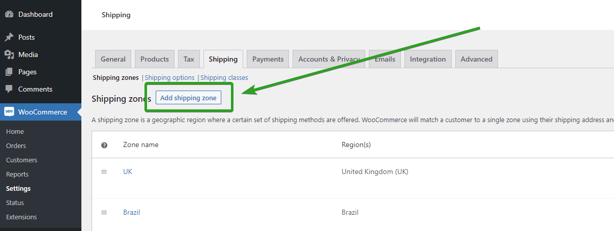 Create shipping zone in WooCommerce