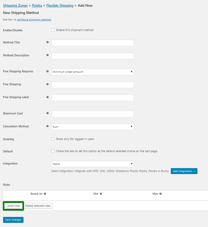 Insert rule in a new WooCOmmerce shipping method