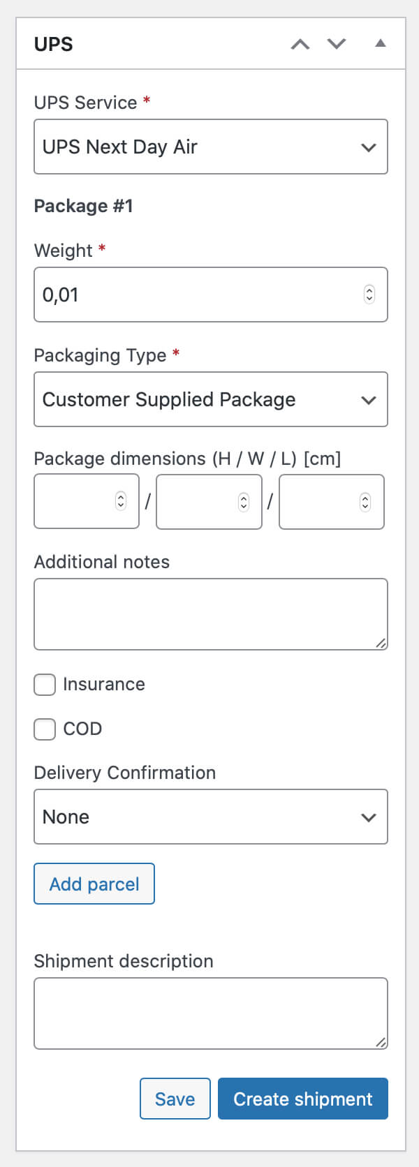 UPS shipment metabox
