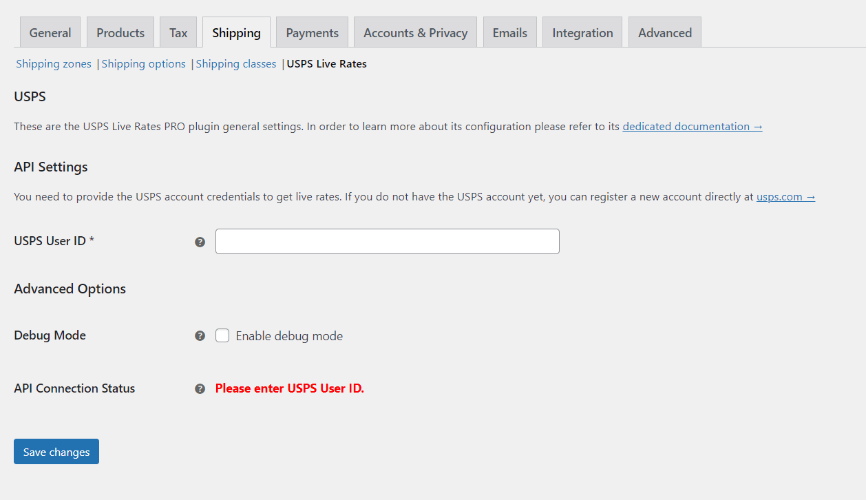 USPS WooCommerce shipping plugin's settings