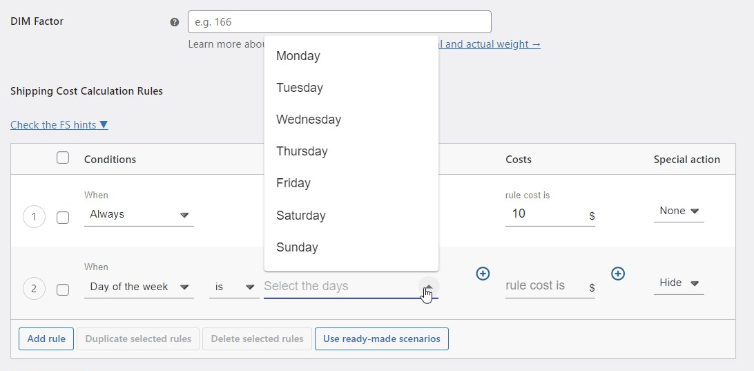 Hide WooCommerce Shipping Methods based day of the week