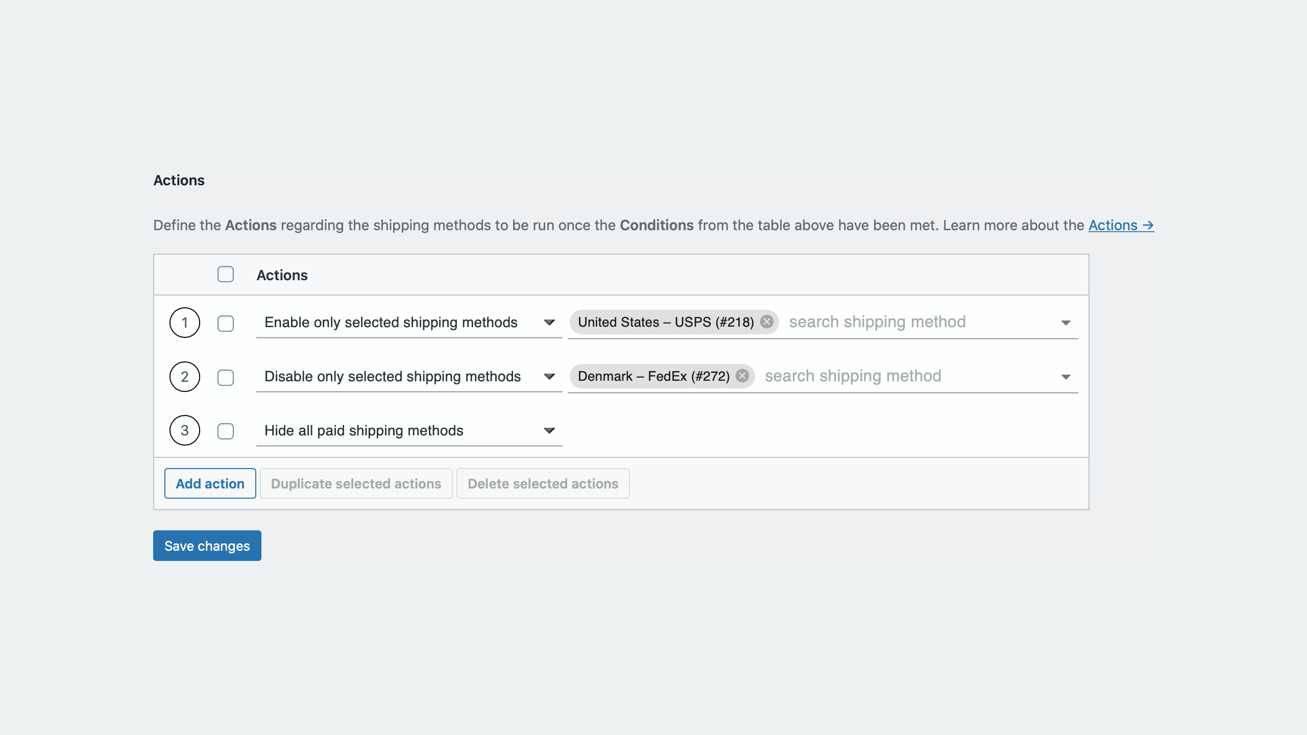 Actions table - Conditional Shipping Methods WooCommerce
