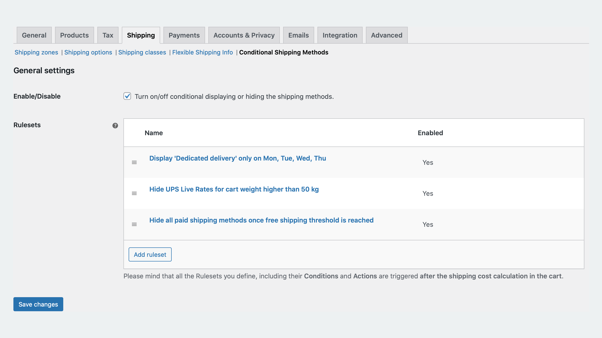 Rulesets table - Conditional Shipping Methods WooCommerce