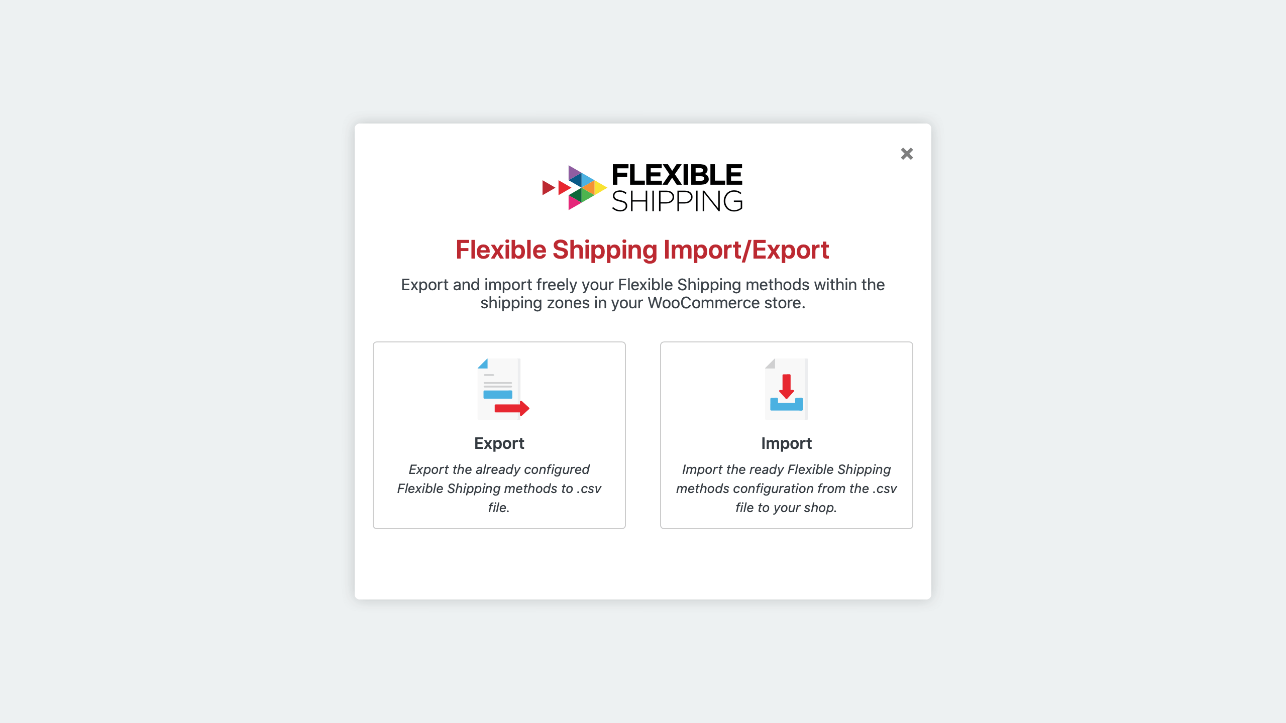 Import / Export wizard popup - Flexible Shipping Import / Export WooCommerce