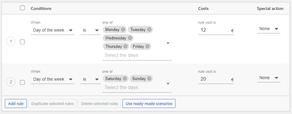Different Delivery Settings per Weekdays