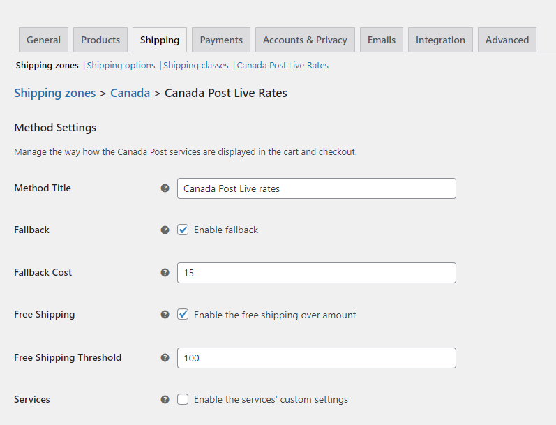 Canada Post shipping method configuration