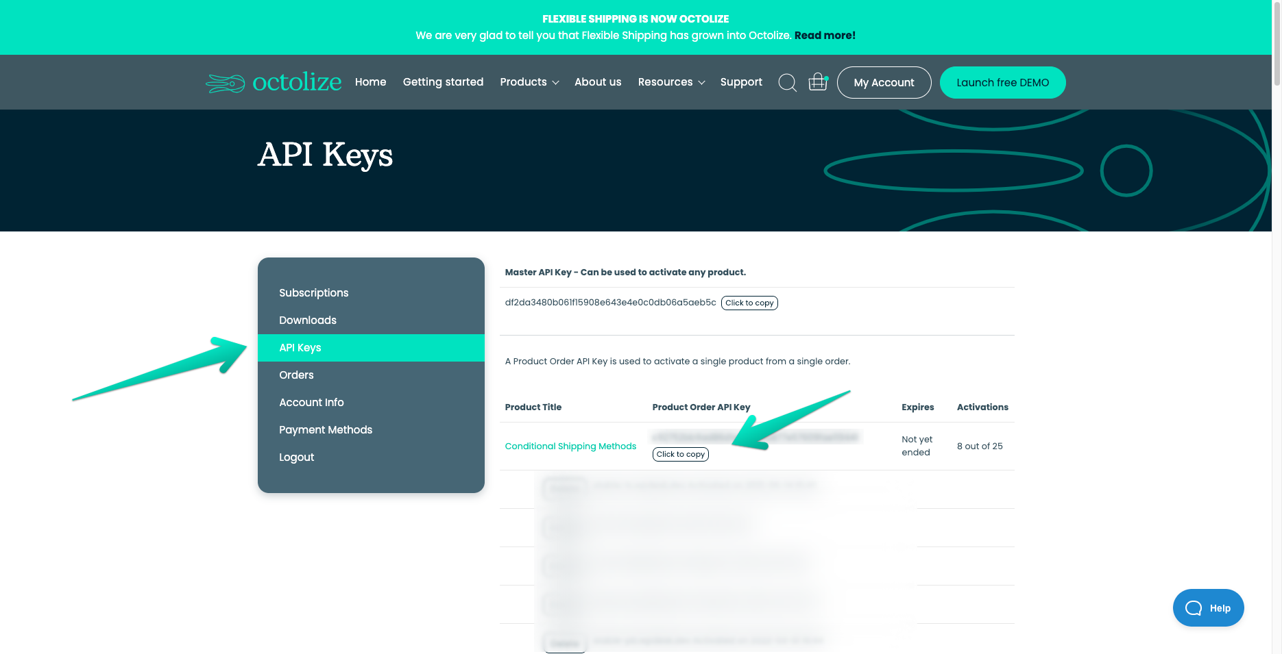 On My Account you will find the API Key needed for license activation