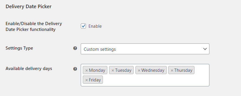 custom settings for Delivery date Picker
