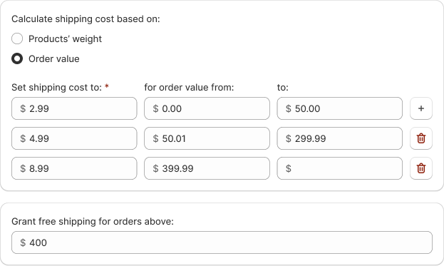 Weight-based and price-based shipping cost calculation rules for shipping to pickup points