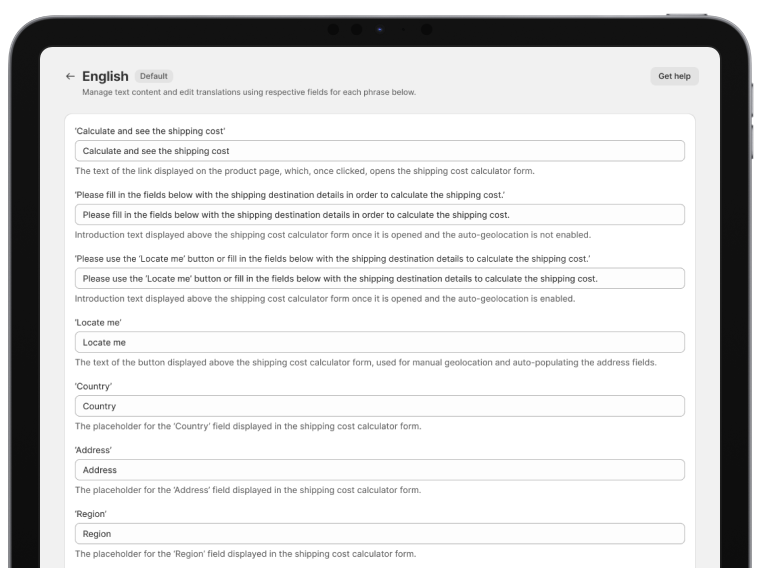 Shopify shipping rates calculator app text content and translation management