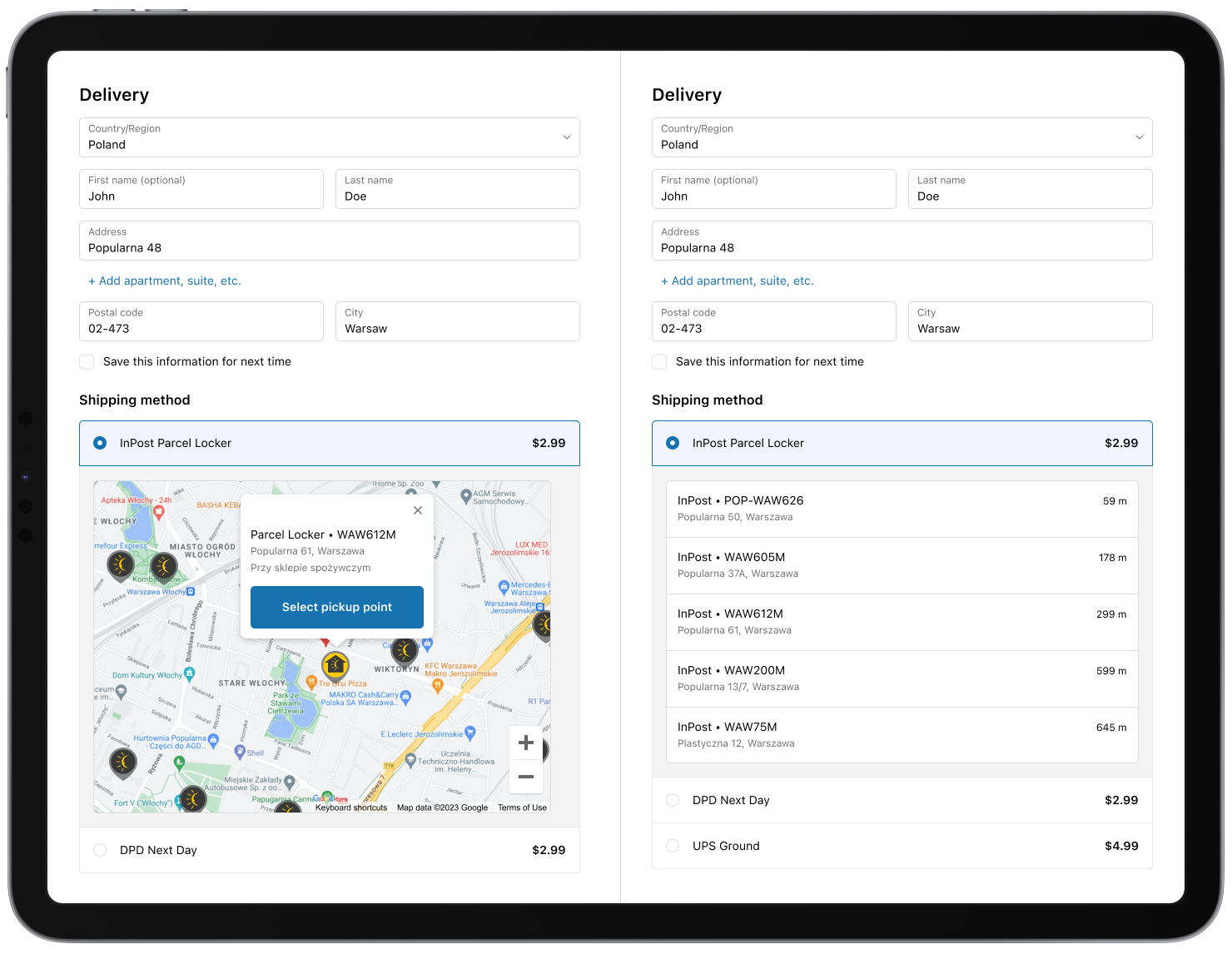 Shopify Plus plan pickup points map or list at checkout