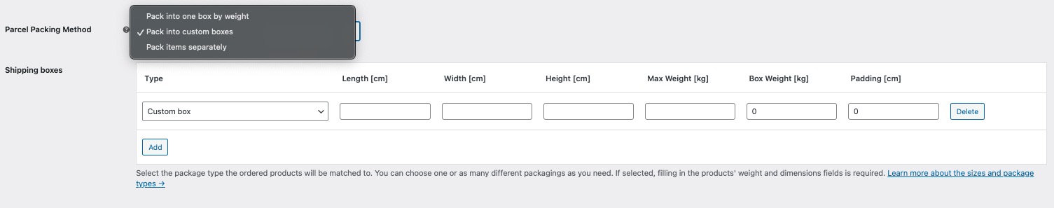 A screenshot of Parcel Packing Method in plugin FedEx PRO by Octolize