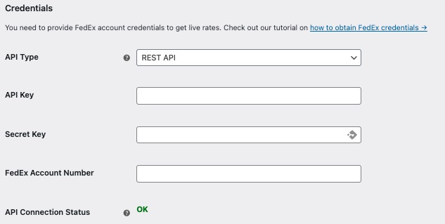 A screenshot showing how the plugin connects to a FedEx account via the REST API