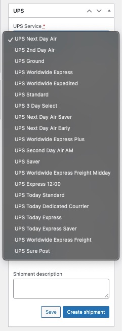 A screenshot showing UPS services