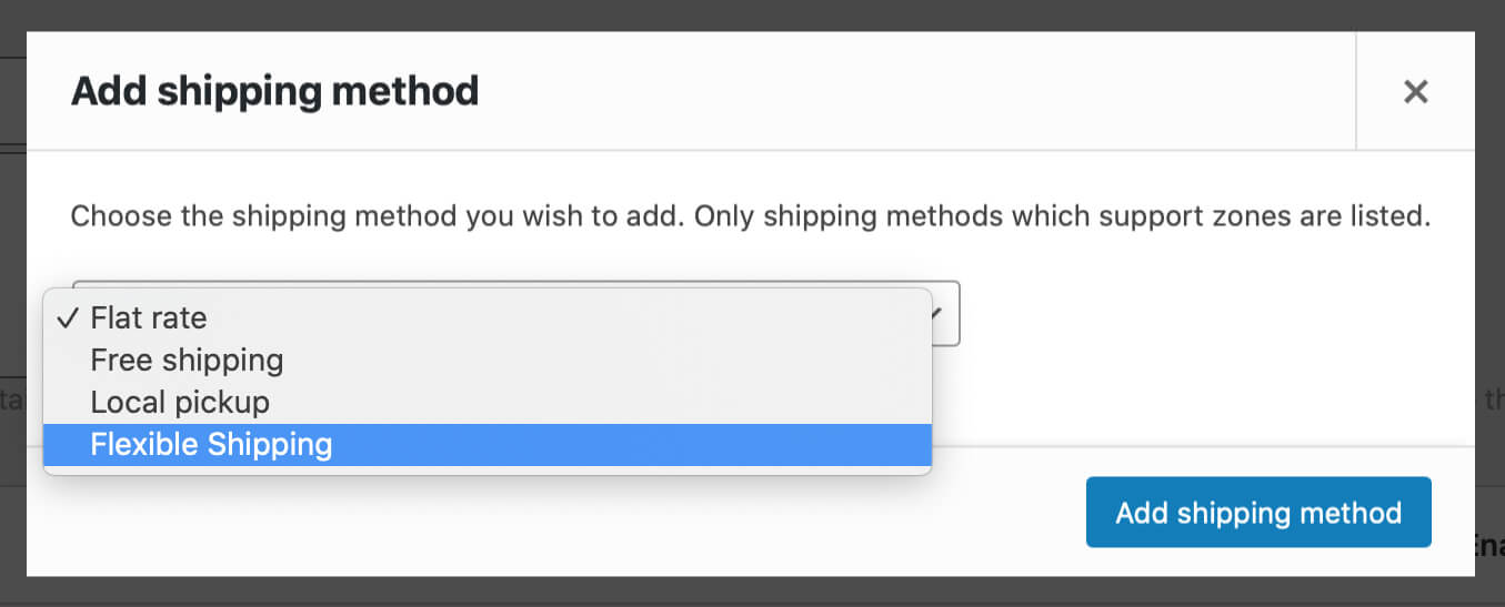 WooCommerce Add shipping method window
