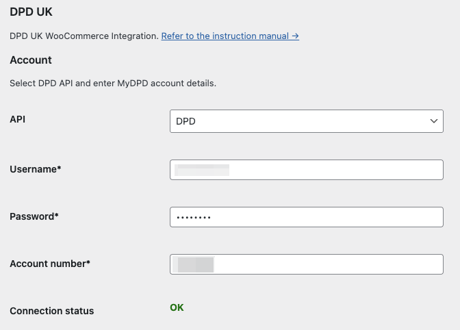 Configuration screen of DPD UK for WooCommerce plugin