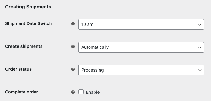 Create Shipments section on the configuration screen