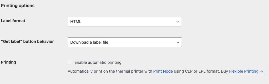 Printing options section on the configuration screen