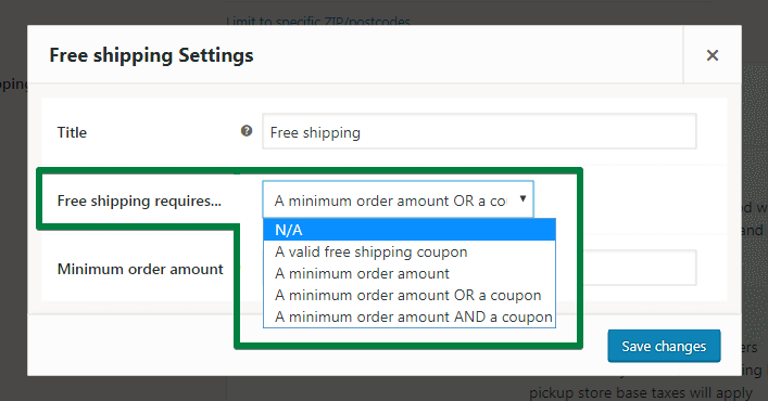 WooCommerce Free shipping settings (screenshot)