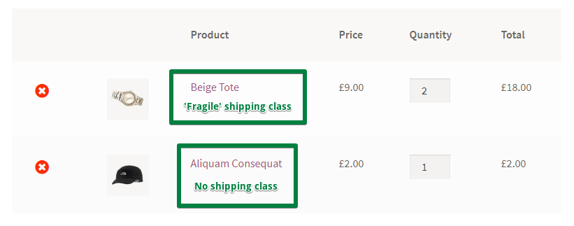 Products in cart differs in WooCommerce shipping classes (screenshot)