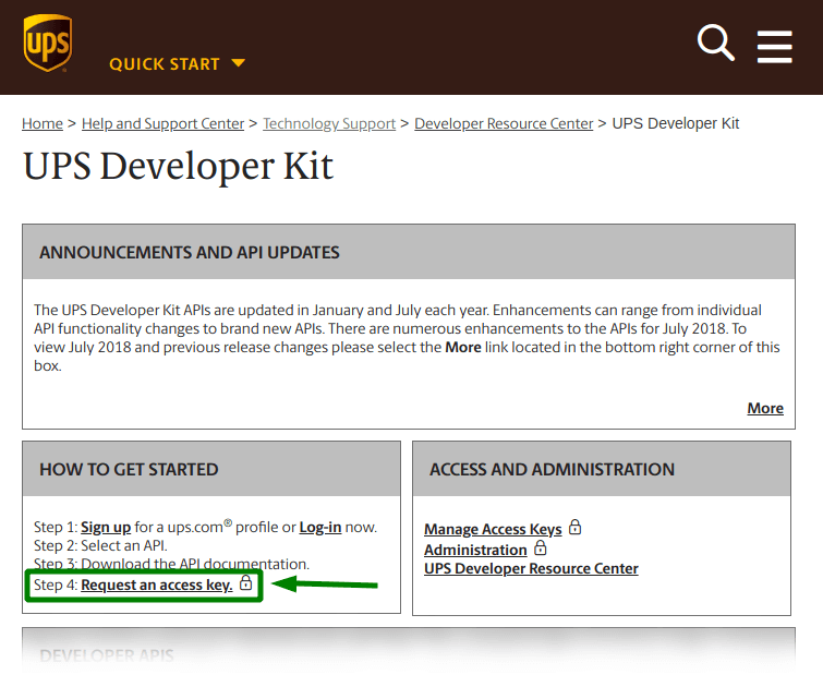UPS Developer kit - request an access key
