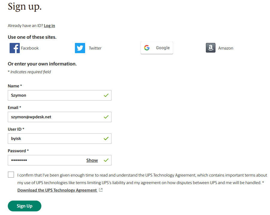UPS profile registration - signing up