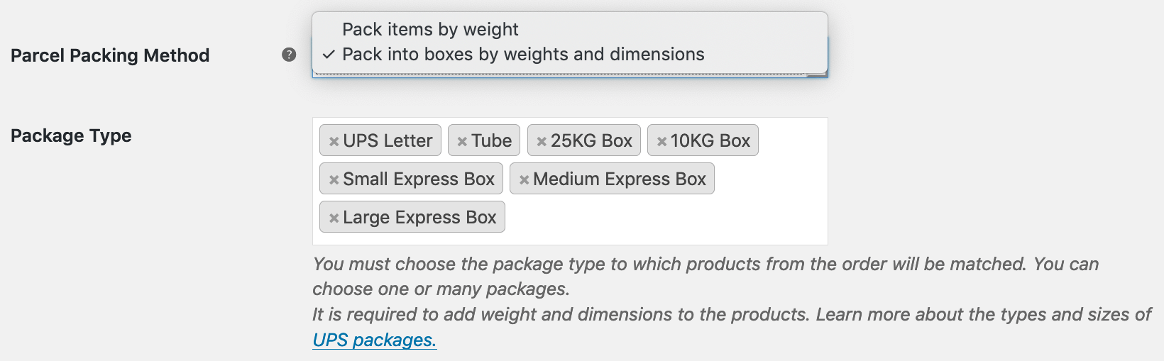 UPS automatic box packing of WooCommerce order