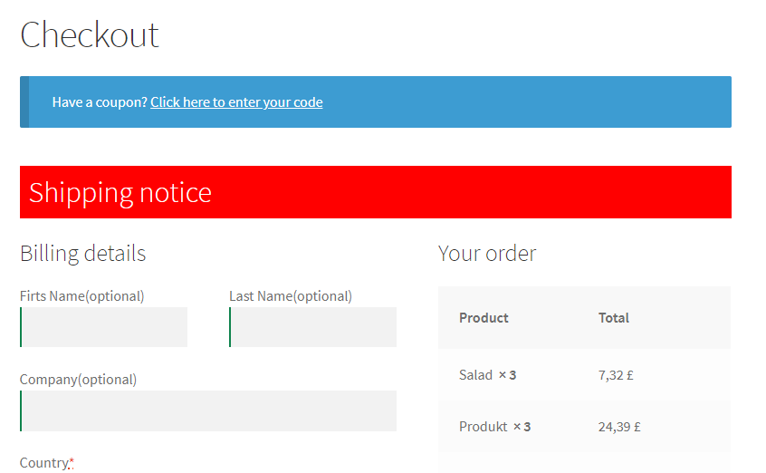 shipping notice on WooCommerce checkout custom example