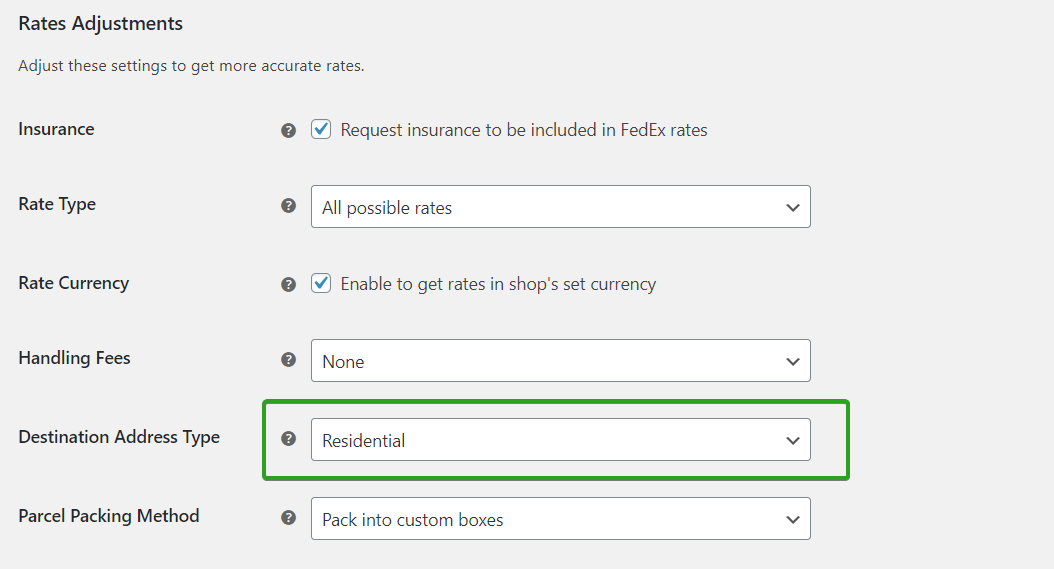 FedEx WooCommerce - Destination address type
