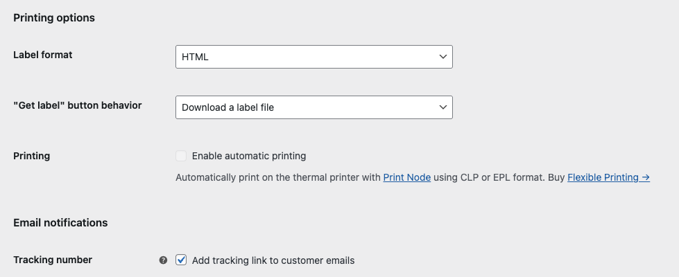 Printing options and email notification