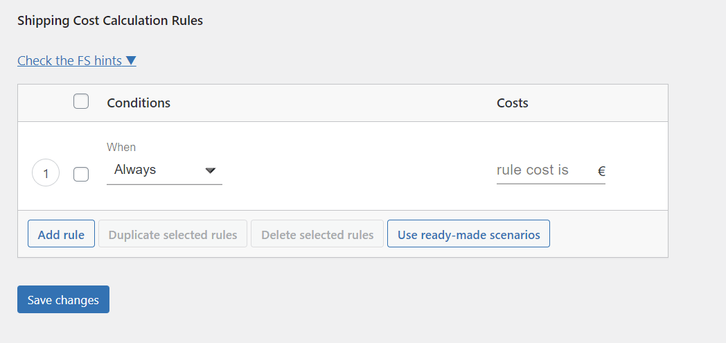 Shipping Cost Calculation Rules table
