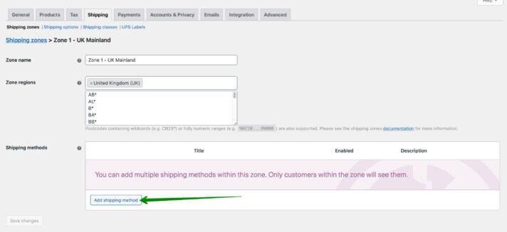 UPS labels add shipping method button