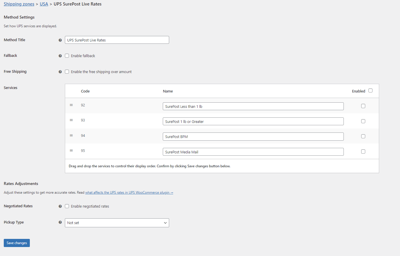 UPS SurePost Live Rates shipping method settings