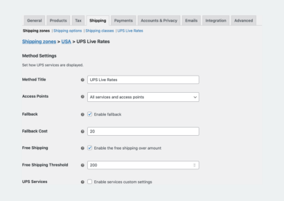 UPS Live Rates shipping method settings - UPS Live Rates PRO WooCommerce