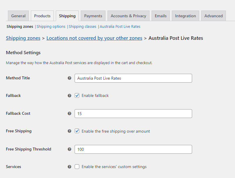 australia post shipping method configuration screen method settings