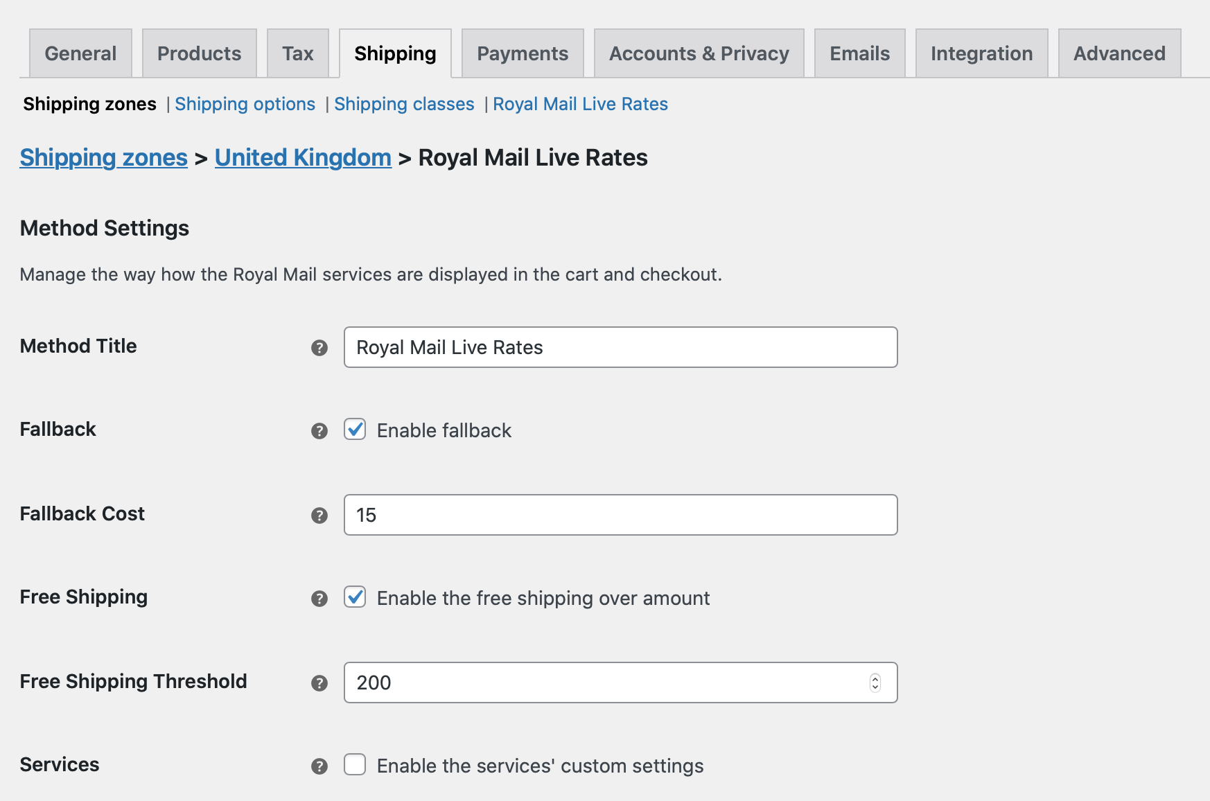 royal mail live rates shipping method configuration