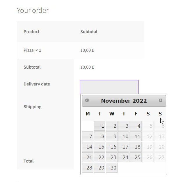 delivery date picker calendar